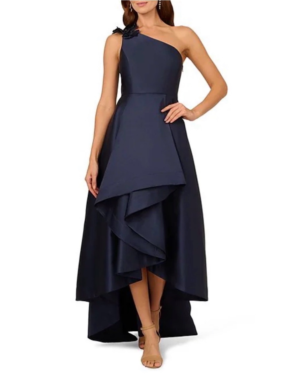 Adrianna Papell Navy One-Shoulder High-Low Ruffle Gown